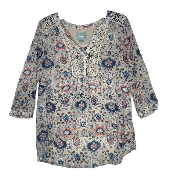 Maeve Tops - Maeve Anthropologie Tan Floral 3/4 Sleeve Crochet Boho Top Festival Summer Sz 2